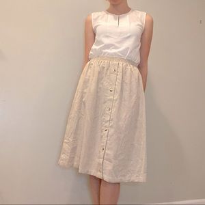 Vintage Flax Blend Made in USA Tan Beige Button Up Midi Skirt Elastic Waist